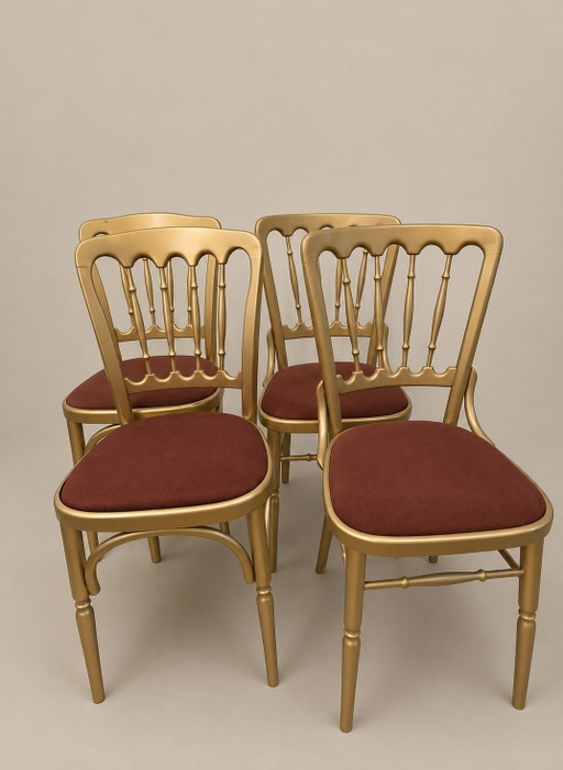 Set aus 6 eleganten Vintage-Stühlen im Napoleon-Stil – Goldfarben & Burgunderrot
