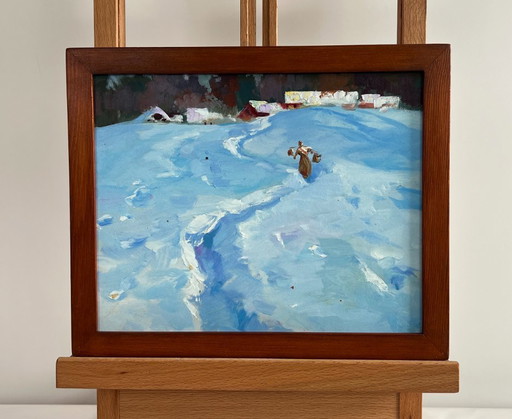 Original Oil Painting Winter Village Landscape Along the snowy paths