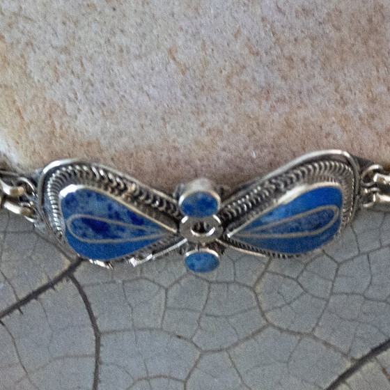 Image 1 of Boho Vintage Bracelet with Links and Lapis Lazuli Inlay: Set in Tibetan silver