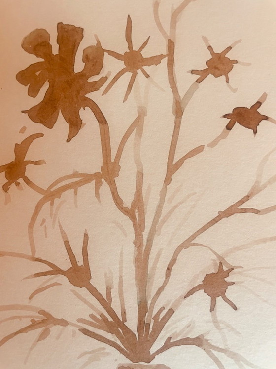 Image 1 of Signed painting, still life "dried flowers", monochrome watercolor