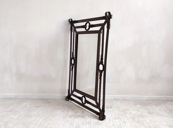 Image 1 of Iconic Large Mirror 1960's Design Jean-Pierre Ryckaert en Métal Façon Cuir Sellier à Surpiqures