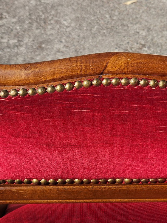 Image 1 of Vintage Franse telefoonbank - Rode fluwelen loveseat - Roddelbank - Stijl Louis XV - jaren 70