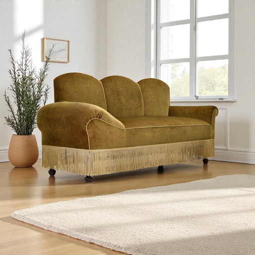 1950s, 2 seater sofa/daybed, light green furniture velour, ash wood legs.