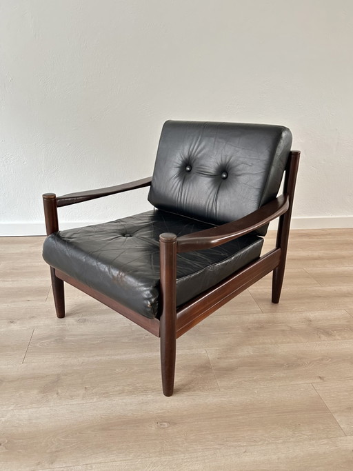 Vintage Danish Teak Armchair With Black Leather