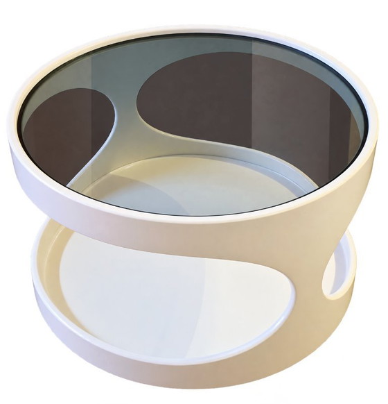 Two round side tables with white frame and smoked glass top, NEBU Holland, Coffee tables, Plastic, Space Age (photo 5 of 6)