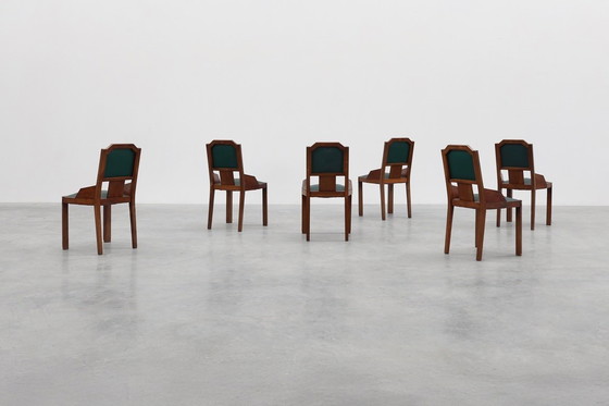 Image 1 of Set van 6 Art Deco eetkamerstoelen in hout met originele bekleding, België jaren 30