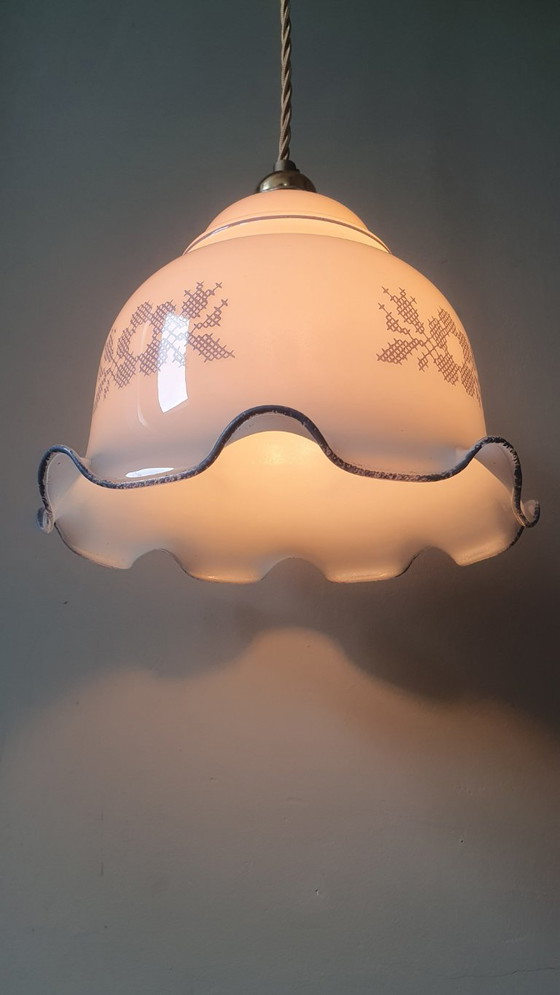 Vintage White Opal Glass Pendant Lamp - Flower-like shape – Metal (photo 14 of 17)