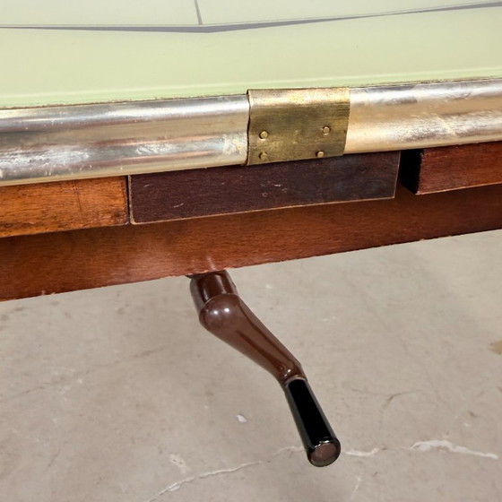Mid-Century Adjustable Crank Table / Dining table & Coffee Table – 1950s – Wood, Brass (photo 8 of 13)