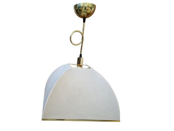 Image 1 of Vintage kroonluchter uit de jaren 70 van messing en stof.