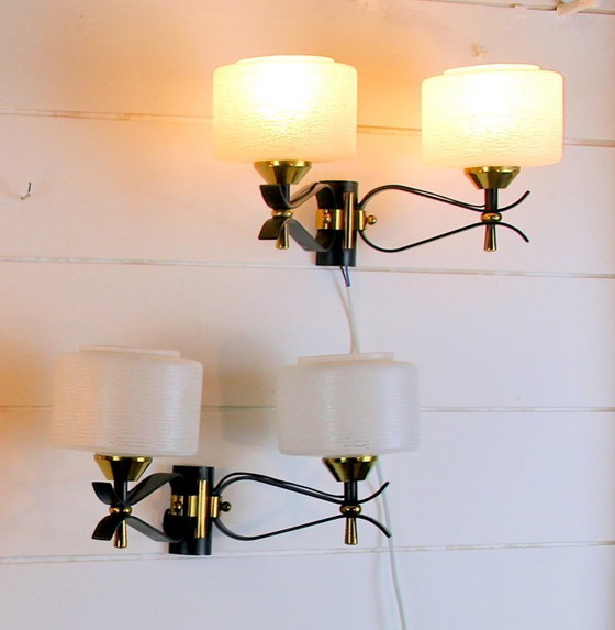 Image 1 of Pair of double wall sconces, Maison Arlus, Mid-Century, black brass opaline glass, France, 1950s