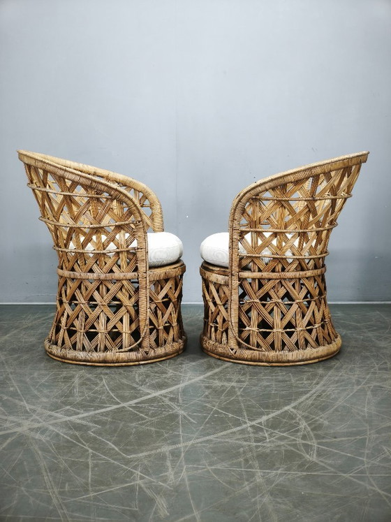 Image 1 of Een paar Italiaanse bamboe- en rotanfauteuils, jaren 60.