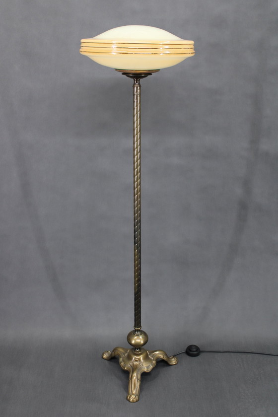 Image 1 of 1940S Restored Brass Floor Lamp With  Glass Shade