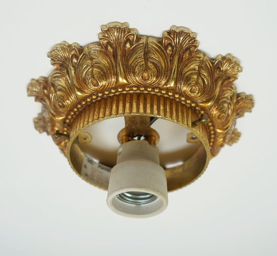 Image 1 of Plafondlamp uit het midden van de vorige eeuw, massief Belgisch getextureerd glas, verguld aluminium, jaren 70