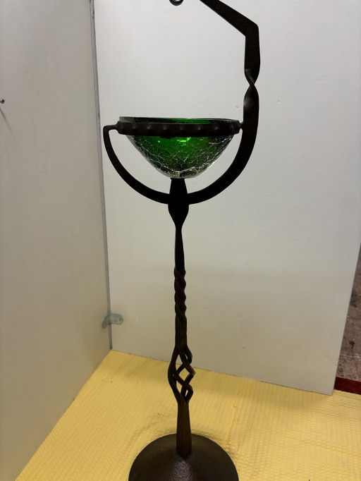 Mid- century koperen asbak met muranoglas