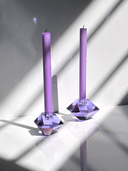 Alexandrite glass prism candle holder diamond crystal 80s art deco revival Italy neodymium glass candle holder pair
