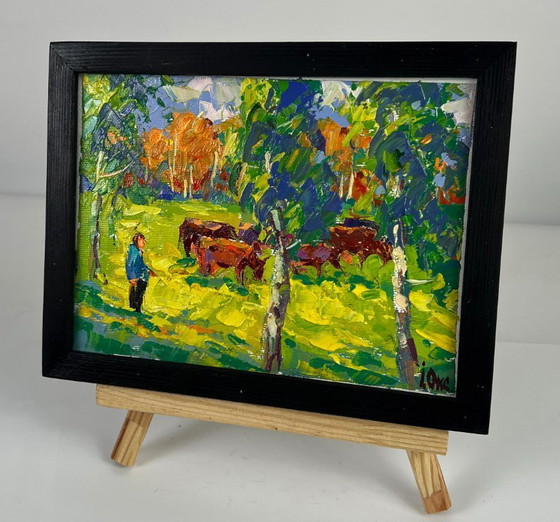 Image 1 of Original Oil Painting Nature Landscape Pasture Autumn Morning in the Meadows