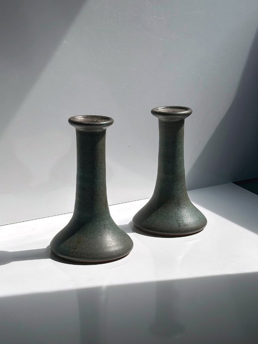 2 Vintage Candlesticks Ceramic 70s Mid - Century Brutalist Set Candlesticks Lava