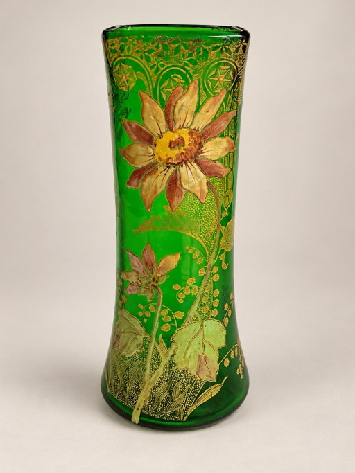 Legras Montjoye Belfort Jarrón de Cristal Esmaltado Verde Art Nouveau, Francia, c.1900