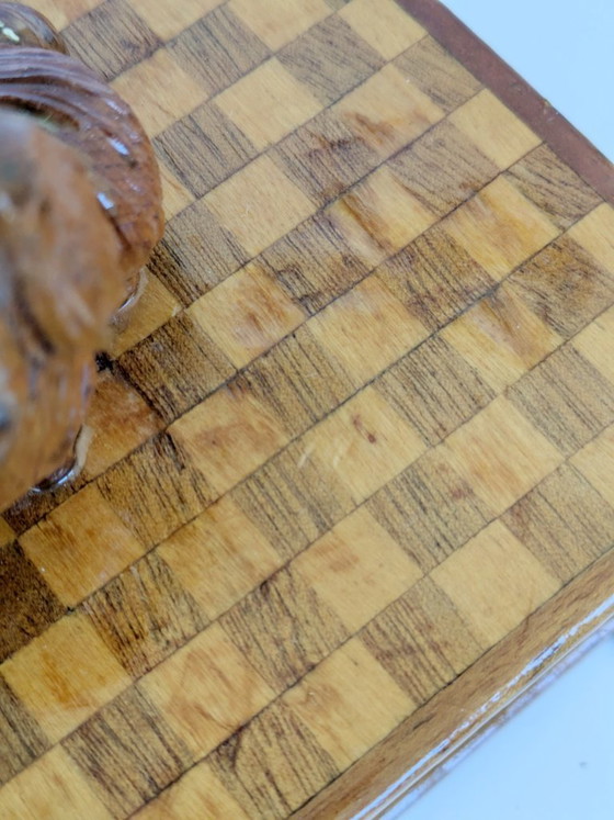 Image 1 of Midcentury Handmade Wooden Trinket Box, Dog Figurine Lid Checkered Pattern, Quirky Decor