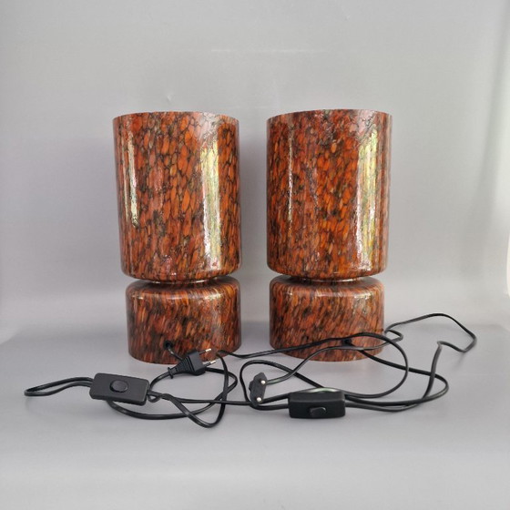 Image 1 of Set van 2 Vintage Peill & Putzler Tafellampen – Space Age Glas – Oranje Gemarmerd – 36 cm Hoog – Duitsland 1970s – Space Age