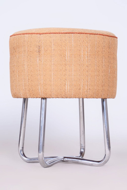 Gerestaureerde Bauhaus-kruk, verchroomd staal, verende bekleding, Tsjechisch, jaren 1930 – krukjes, Textile (photo 2 of 7)
