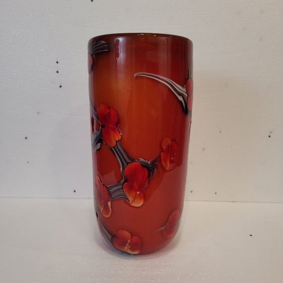 Image 1 of Jarrón floreado rojo, vidrio de Murano, 90’s - Italia