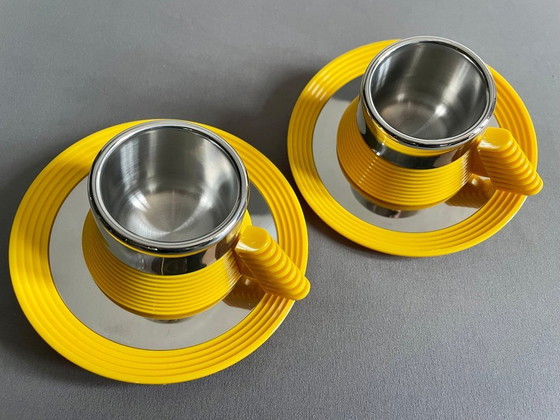 Image 1 of Service à café expresso Carlo Giannini des années 1970, modèle "Star Trek Enterprise". Acier inoxydable et polyamide jaune. Rare
