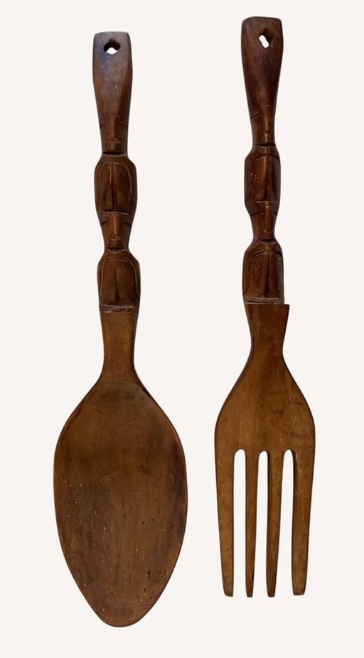 Large vintage wooden wall cutlery set – 51 cm