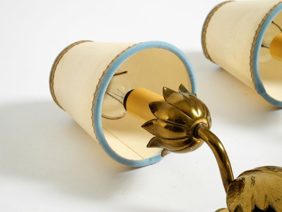 Image 1 of Two beautiful original Mid Century Modern floral wall lamps made of brass with high-quality lampshades