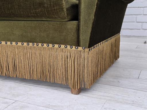 1970s Danish 3-Seater Sofa, Green Furniture Velour, Ash Wood Legs