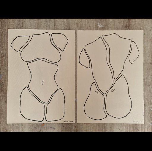 A2 frame including 2 artworks hand-painted on canvas modern contemporary figurative