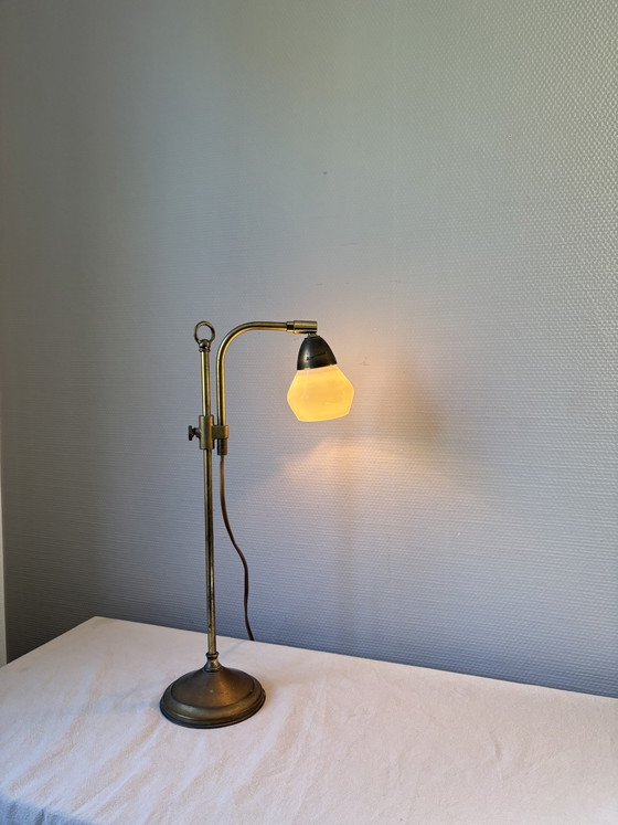 Image 1 of Vintage Art Deco brass with white milk glass shade, adjustable in height
