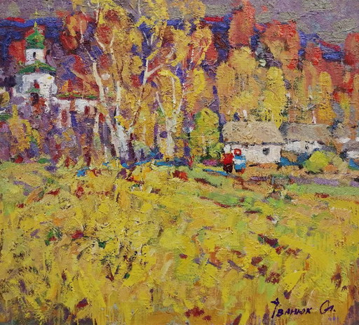 Origineel olieverfschilderij Landelijk Landschap Veld Kerk Dorp Platteland Herfstdag