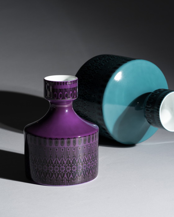 Image 1 of Dúo de jarrones Rosenthal Studio-Line Turquesa Púrpura Diseño gráfico de Theo Baumann Raro
