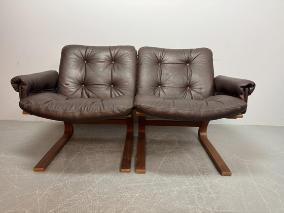 Image 1 of Supercomfy Scandinavian Rybo Rykken Chocolate Brown Leather 2-Seater Lounge Sofa by Elsa and Nordahl Solheim, 1960s.