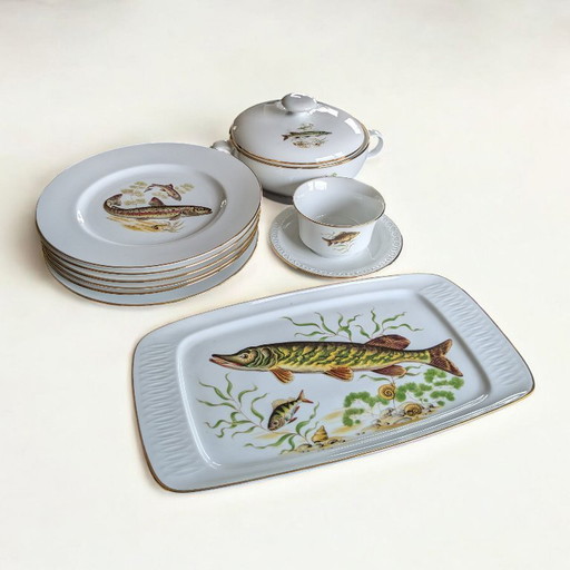 Rarität! Vintage Porzellan-Geschirrset mit Fischmotiven & Goldrand | Hutschenreuther, Selb, Eschenbach | Handbemalt