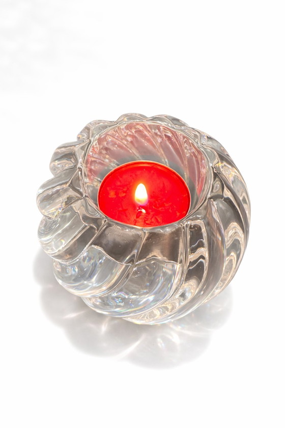 Image 1 of Kosta Boda Crystal Candle Holder – Swedish Design – Heavy Swirl Glass Votive – Vintage with Original Box