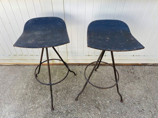 Pair of industrial metal swivel barstools 50s