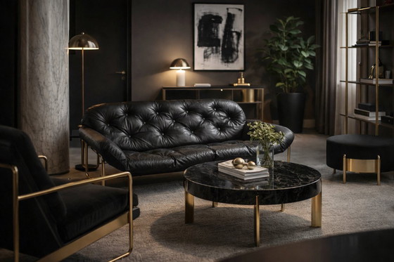 Image 1 of Vintage Mid-Century Scandinavian Modern Glamour Leather Black & Gold Sofa by John-Bertil Häggström for Swed-Form, 1970s