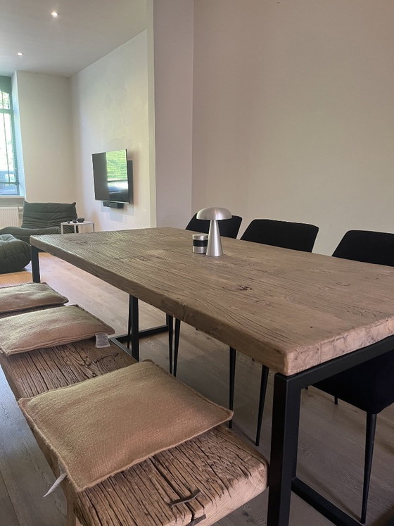 Weathered Elm Dining Table and Bench – Metal, Wood (photo 6 of 6)