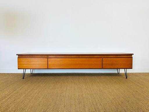 Low Scandinavian teak sideboard with hairpin legs, 1960