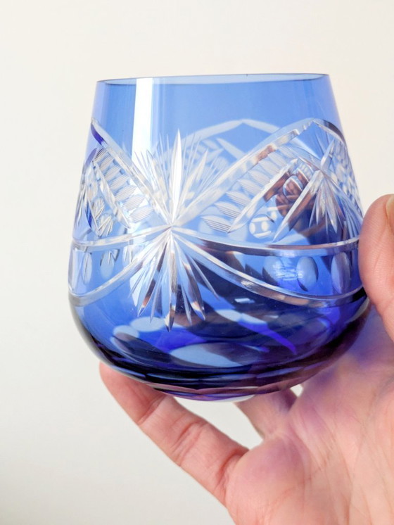 Image 1 of Vintage Cobalt Blue Cut Glass Goblets, Römer Style, Set of 4