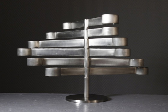 Image 1 of Chandelier candélabre vintage modulable aluminium brossé style Georges Bourgeois