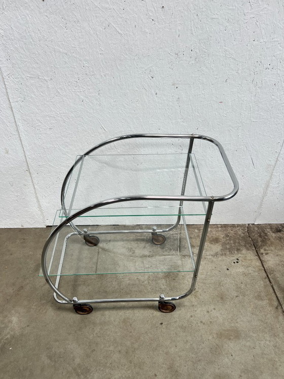 Image 1 of Vintage Chrome Art Deco Trolley with Glass Shelves, Netherlands 1930s