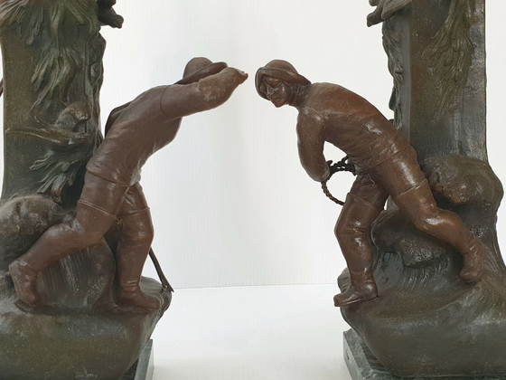 Image 1 of Een paar art-deco visserslampen, jaren 1940, vintage, metaal en marmer, jaren 1930-1940