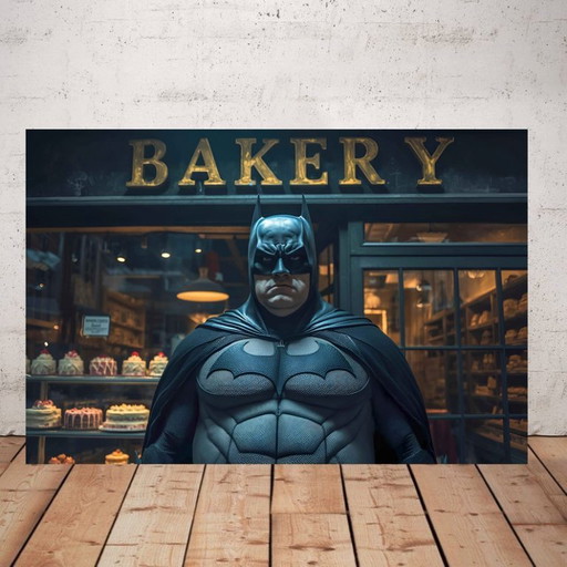 Photo imprimée sur plexiglass / Batman devant une boulangerie / Fat batman