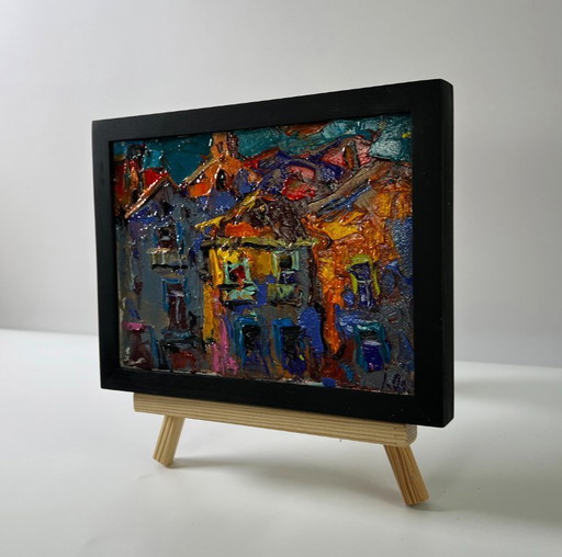 Original Oil Painting Gloomy Houses Landscape The City In Night Lights – schilderijen tekeningen, Canvas (photo 2 of 8)