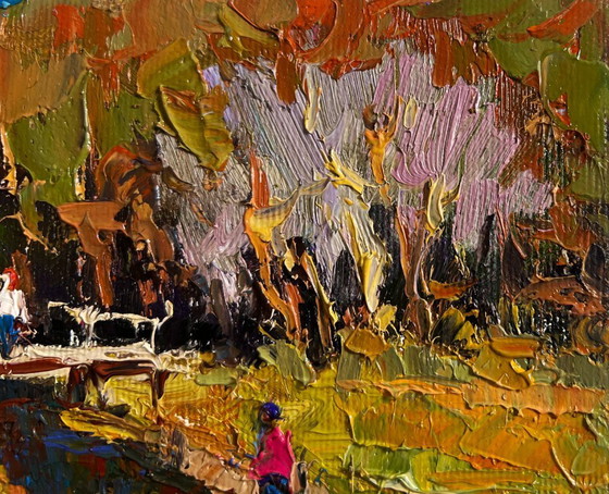 Image 1 of Original Oil Painting Autumn Bridge Landscape Near a quiet river