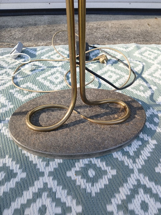 Rare pair (2x) Vintage Florian Schulz 'Dona' Brass Uplighters (1979), Floor lights, Stone, Gold (photo 9 of 10)