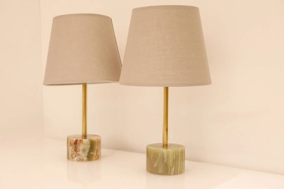 Image 1 of Mid-century modern Italian onyx and brass table lamps, set of 2